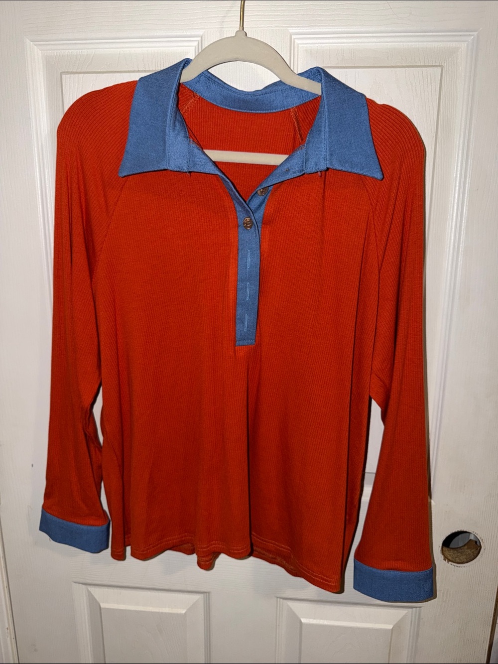 Women's Long-Sleeve Orange Polo Top with Blue Trim